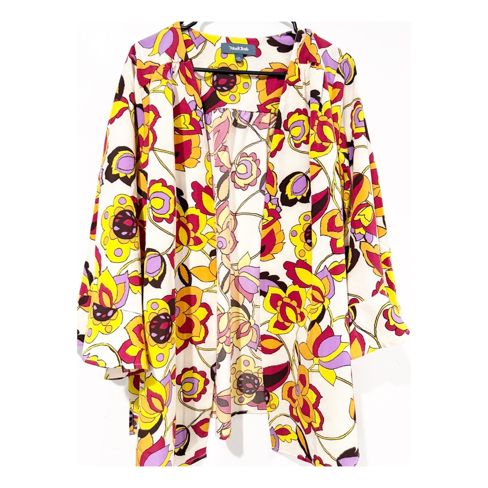 ModCloth Retro Floral Kimono Cardigan Open Front Bell Sleeve Yellow Pink L/XL